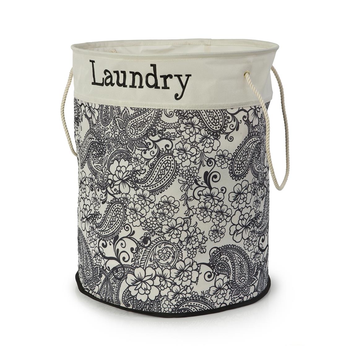 Round Black & White Floral Laundry Bin with Rope Handles