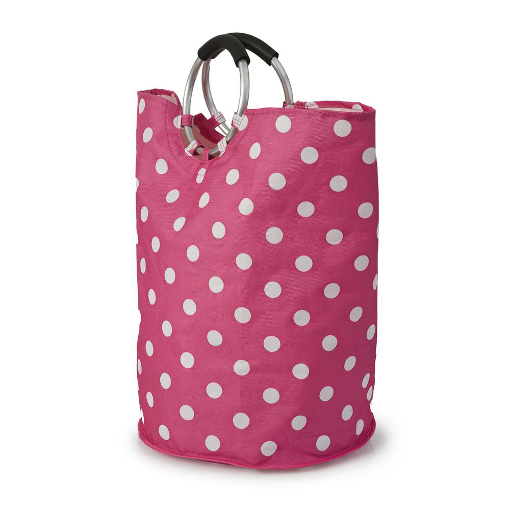 Round Pink Polka Dot Laundry Bag with Silver Handles